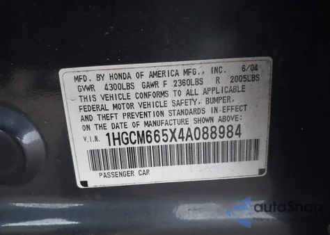 2004 Honda Accord 3.0 Ex z USA, uszkodzony, nr VIN 1HGCM665X4A088984